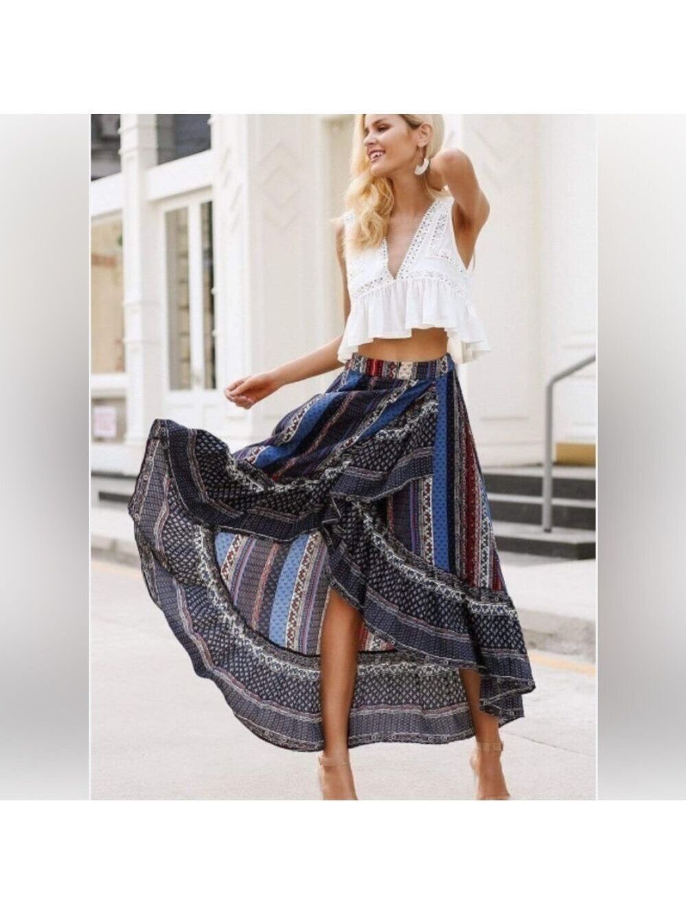 NEW Simplee Boho Coastal Cowgirl Aztec Ruffled Hi-low Wrap Skirt size Small NWT